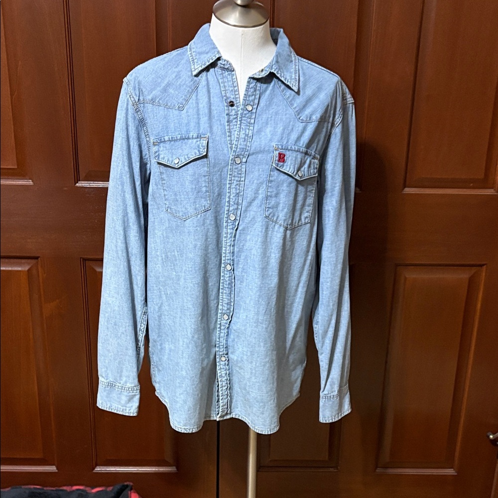 Unisex Light Blue BootBarn Denim Shirt with pearl snap buttons